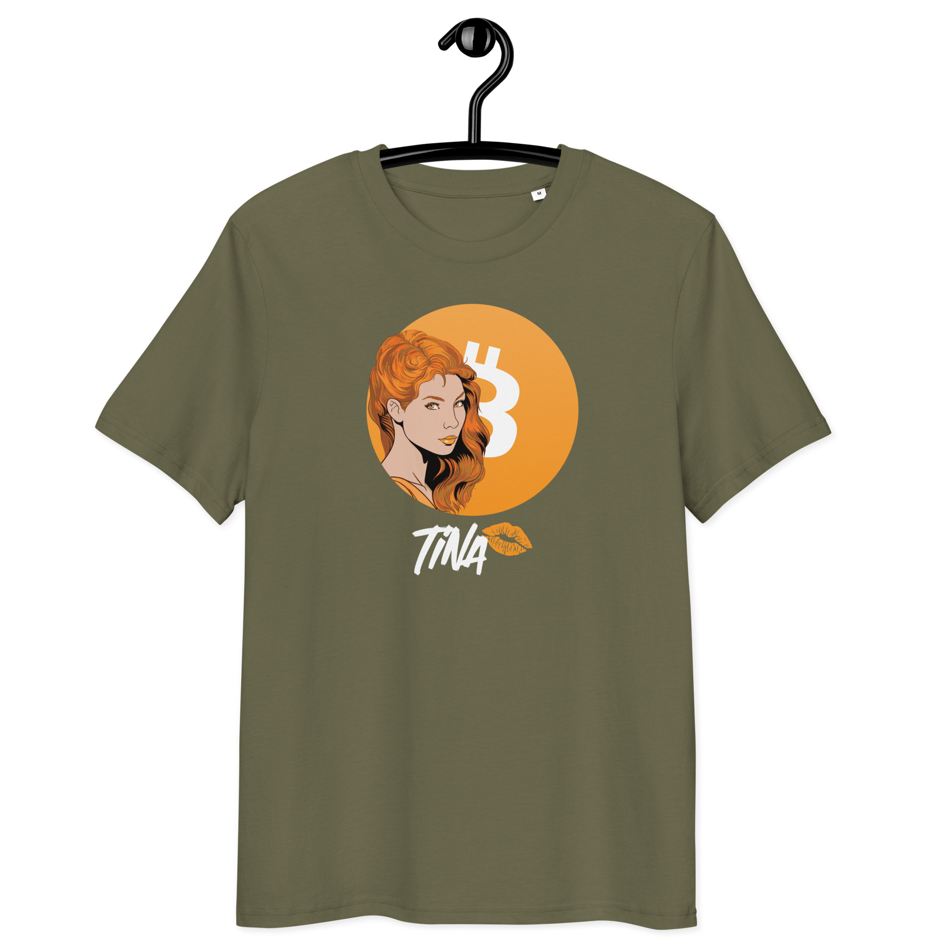 Front view of a khaki bitcoin t-shirt.