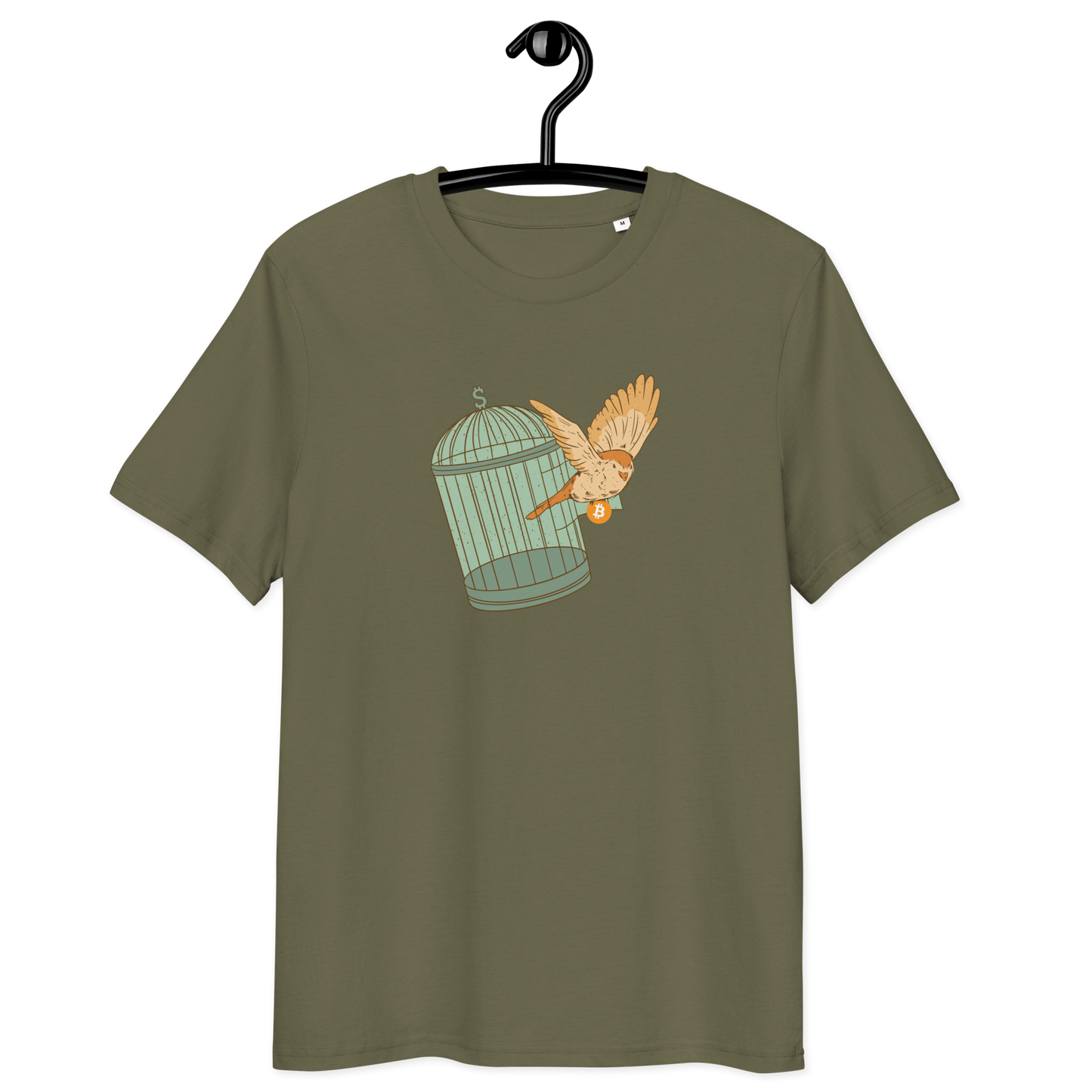 Front view of a khaki bitcoin t-shirt.
