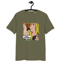 Organic cotton t-shirt featuring Comic Study Bitcoin design promoting bitcoin education and sustainable certifications