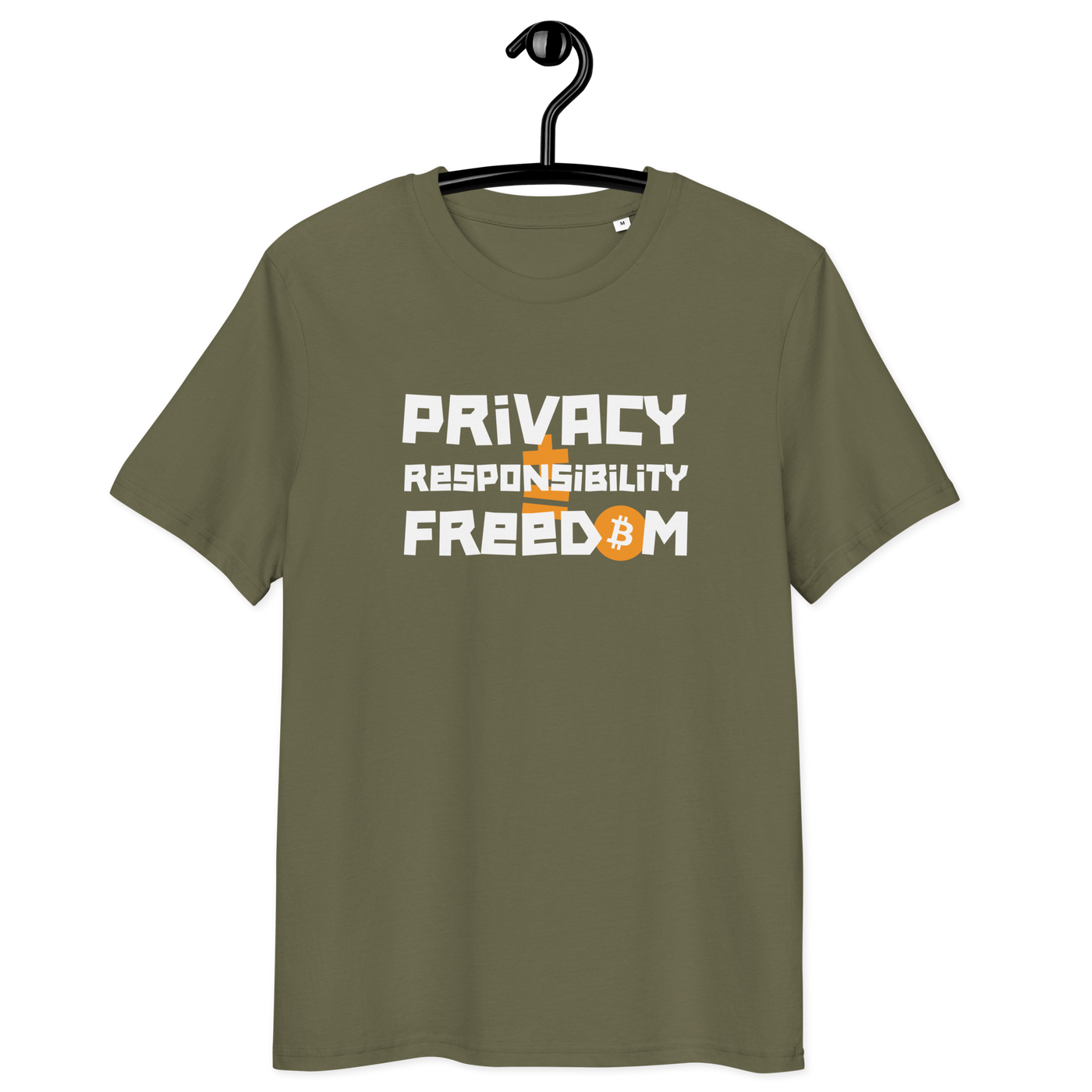 Organic cotton bitcoin t-shirt with privacy and responsibility design and eco-friendly certification logos