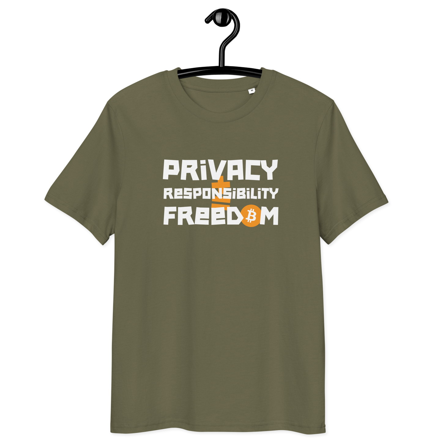 Front view of a khaki bitcoin t-shirt.