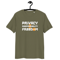 Organic cotton bitcoin t-shirt with privacy and responsibility design and eco-friendly certification logos