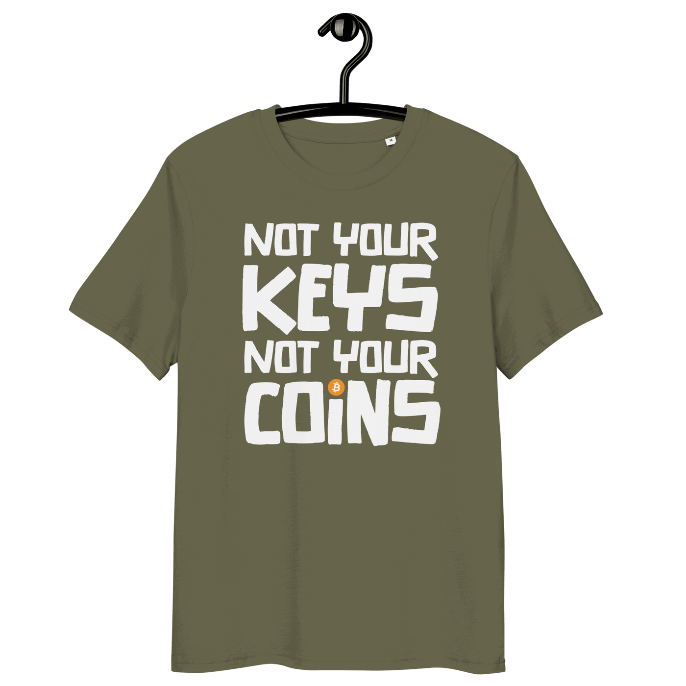 Front view of a khaki bitcoin t-shirt.
