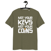 Front view of a khaki bitcoin t-shirt.