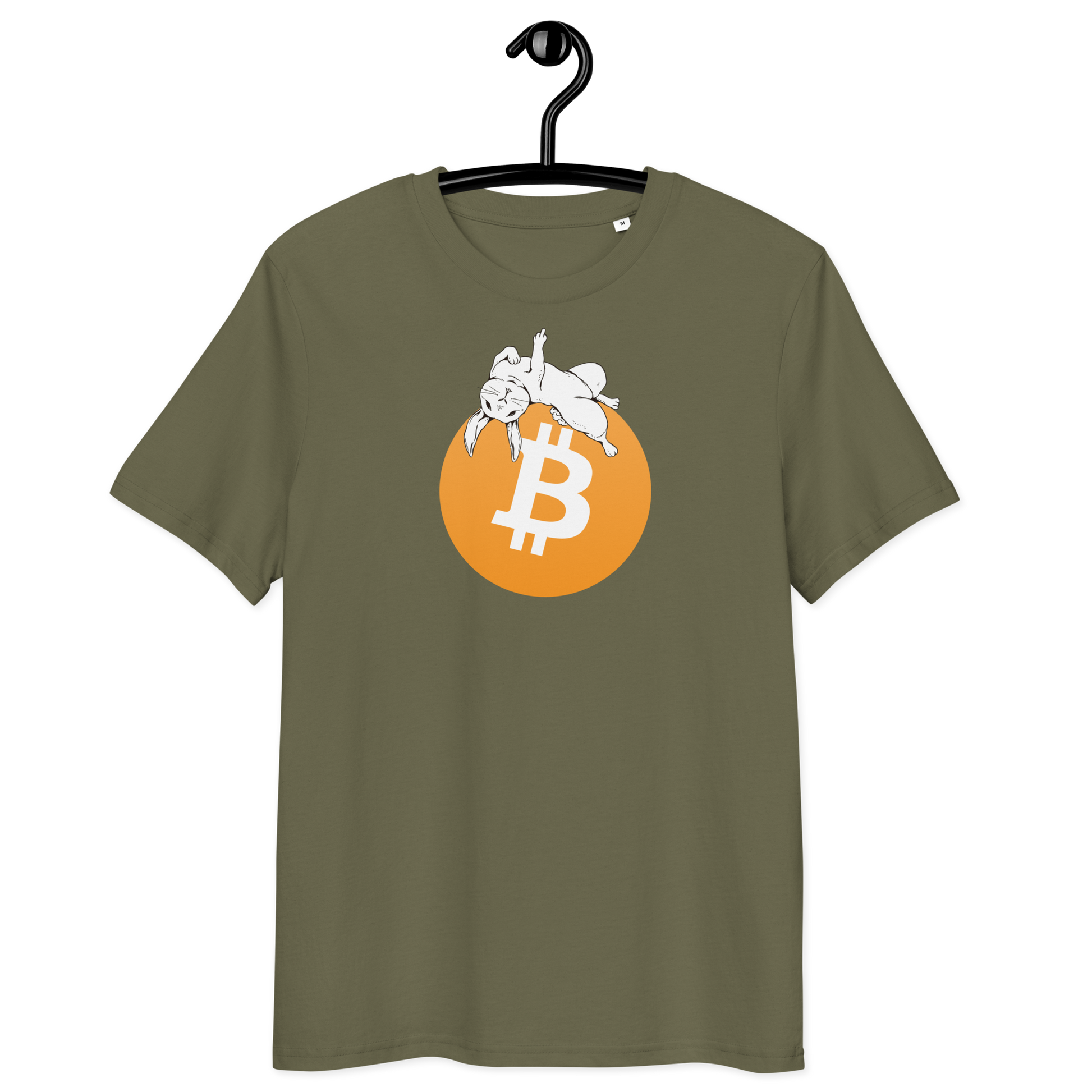 Front view of a khaki bitcoin t-shirt.