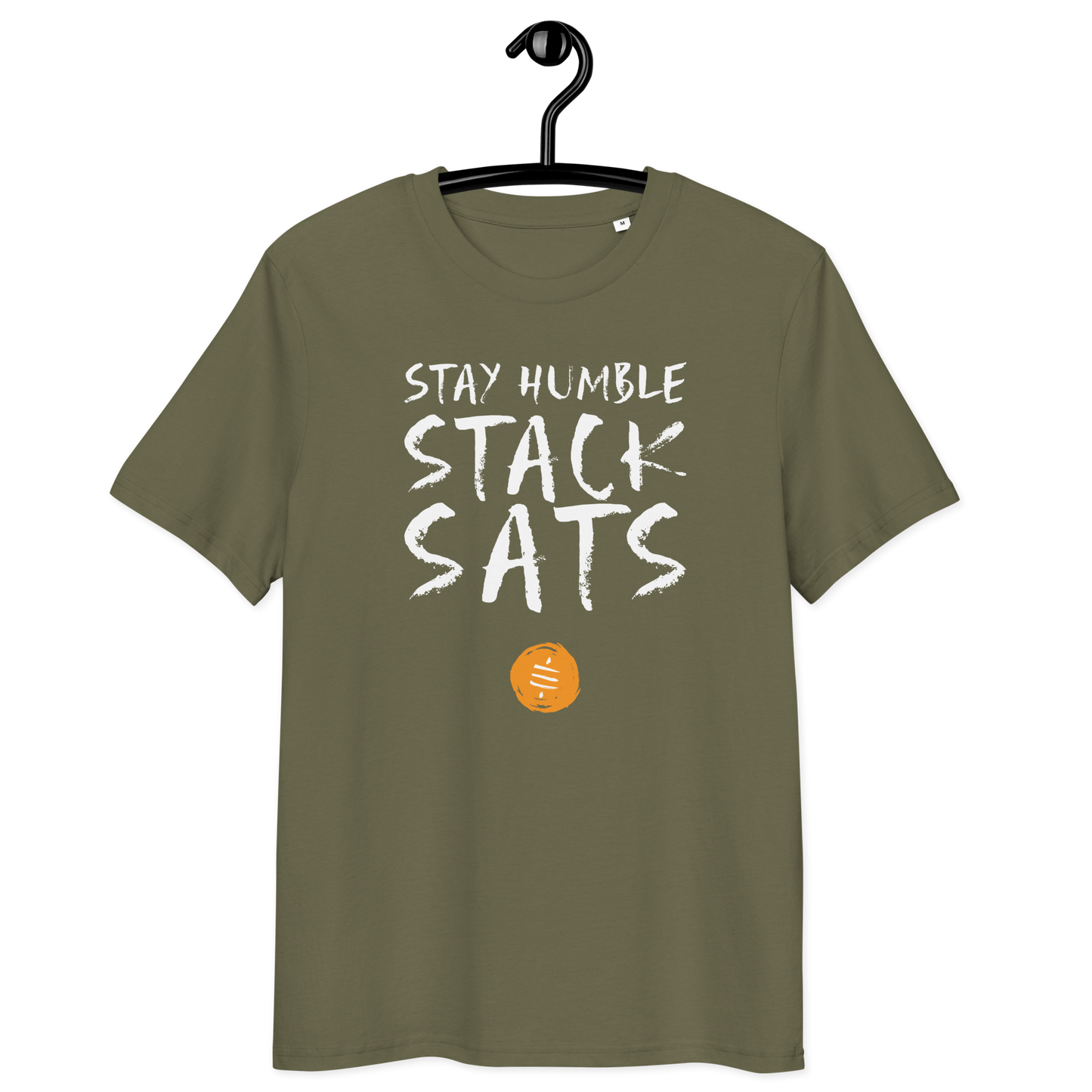 Front view of a khaki bitcoin t-shirt.