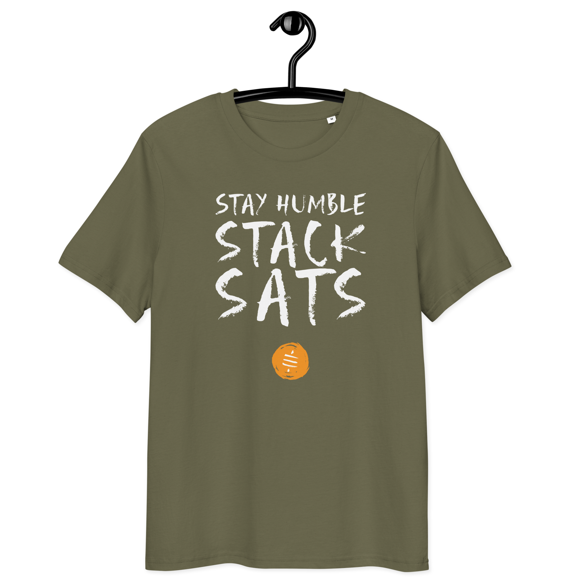 Front view of a khaki bitcoin t-shirt.