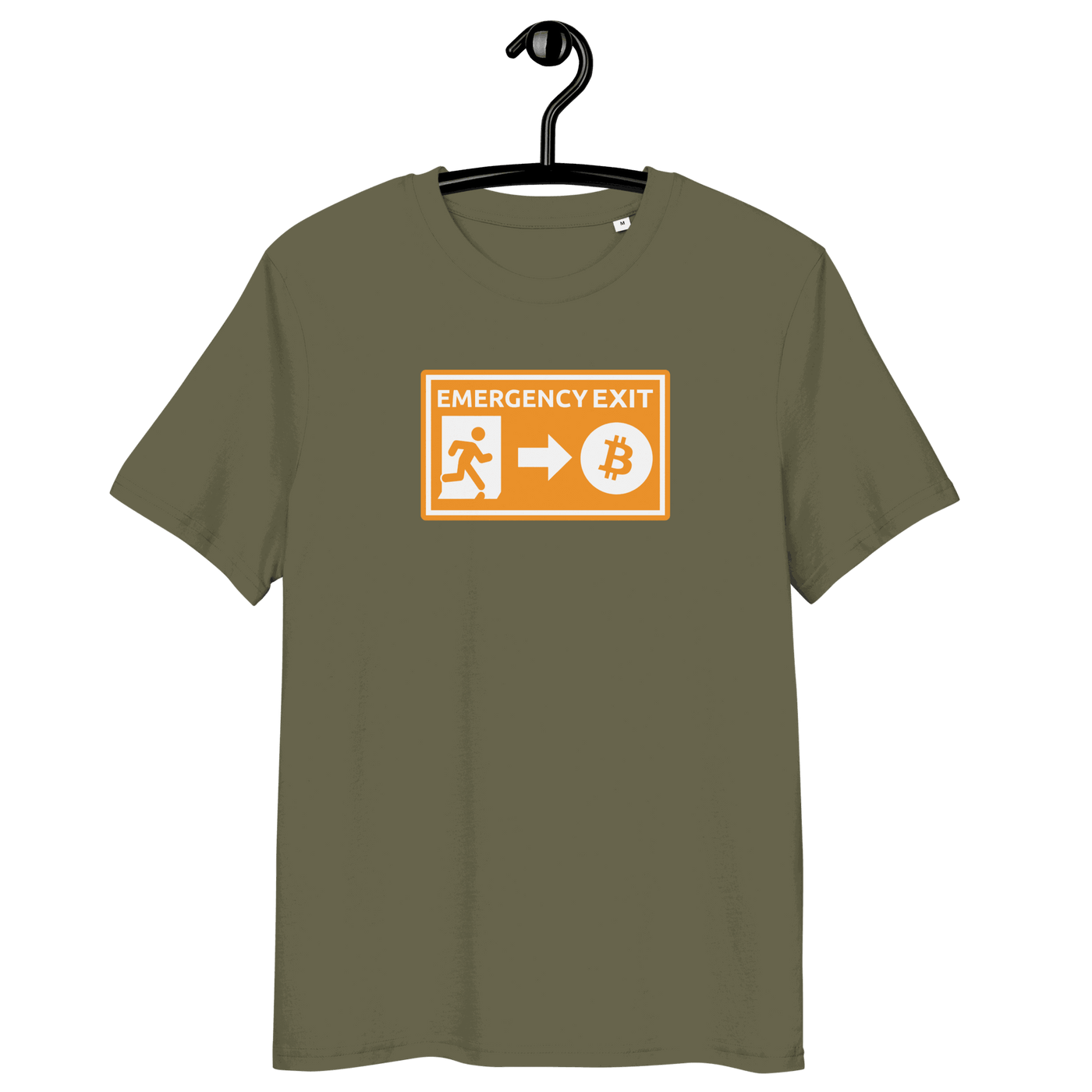 Emergency Exit organic cotton Bitcoin t-shirt with certification logos for sustainable fashion