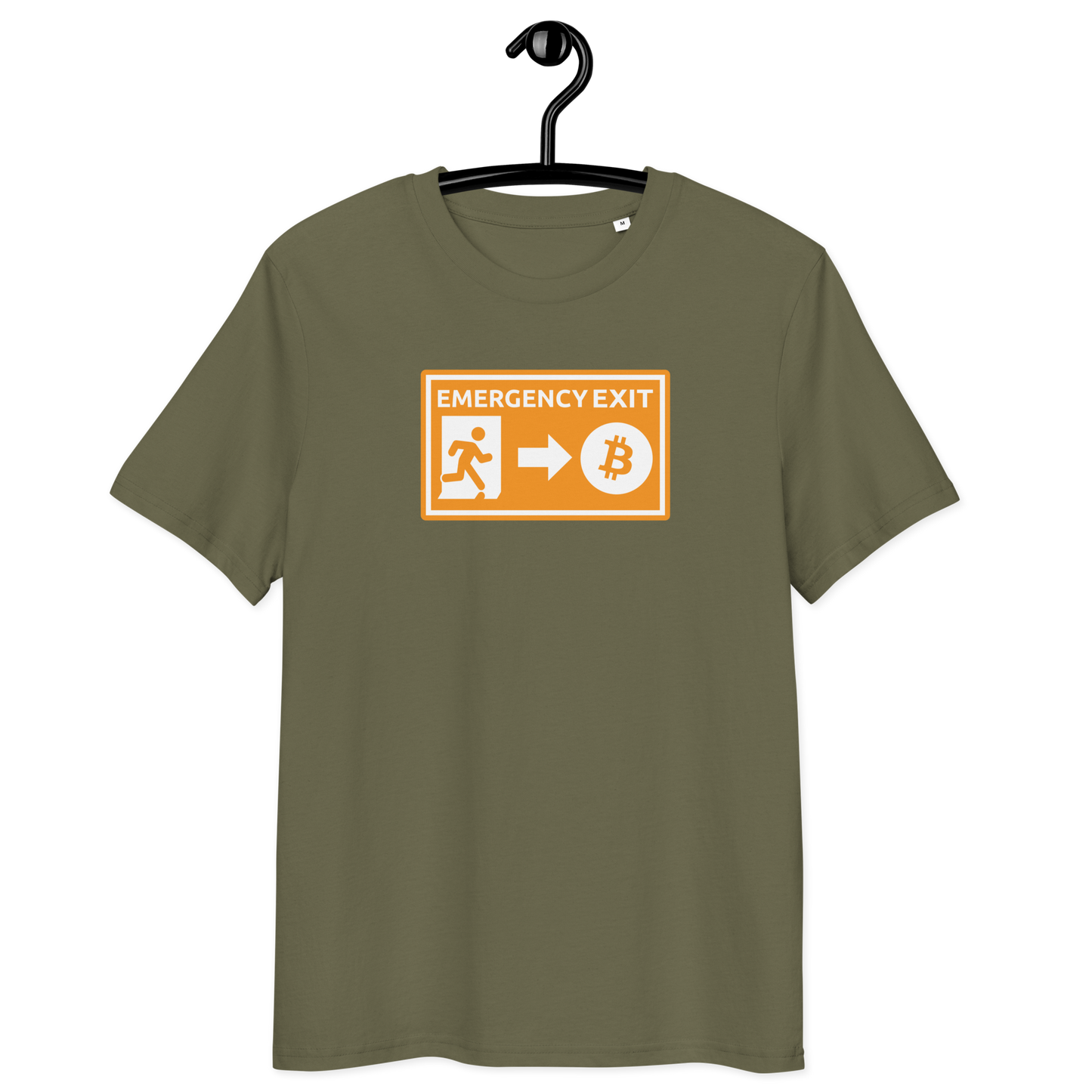 Front view of a khaki bitcoin t-shirt.