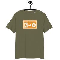 Emergency Exit organic cotton Bitcoin t-shirt with certification logos for sustainable fashion