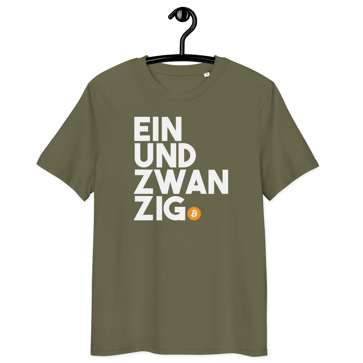 Front view of a khaki bitcoin t-shirt.