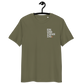 Front view of a khaki embroidered bitcoin t-shirt.