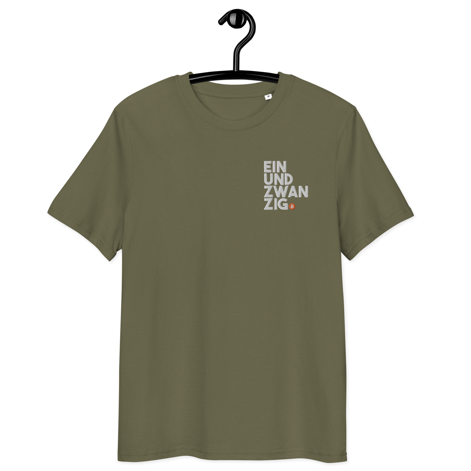 Front view of a khaki embroidered bitcoin t-shirt.