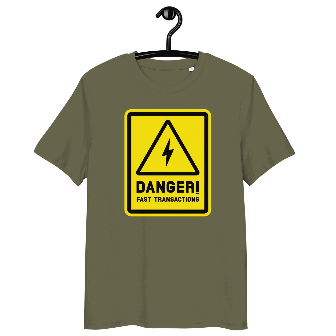 Certification logos for OEKO-TEX, PETA, GOTS, OCS, and GRS on organic cotton Lightning Bitcoin T-shirt