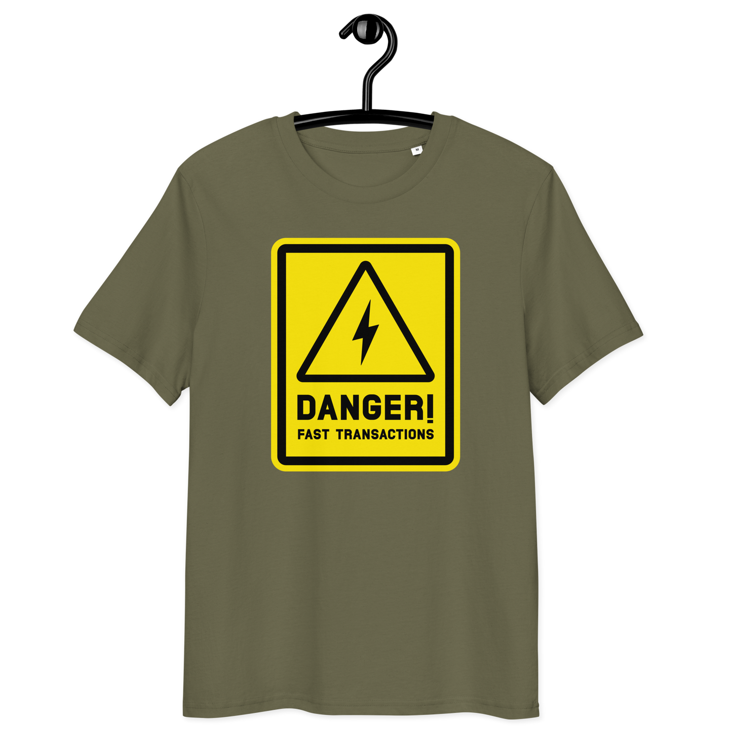 Front view of a khaki bitcoin t-shirt.