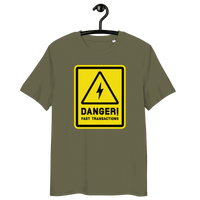 Certification logos for OEKO-TEX, PETA, GOTS, OCS, and GRS on organic cotton Lightning Bitcoin T-shirt