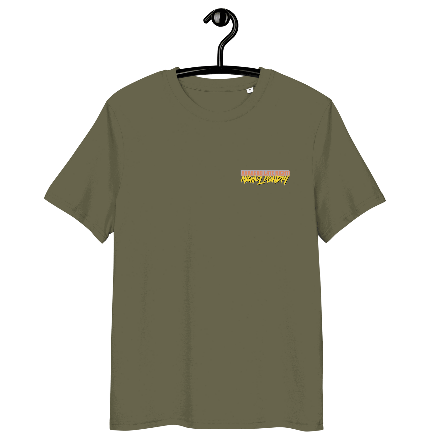 Michael Monday Anarcho Late Night organic cotton shirt with certification logos and size chart