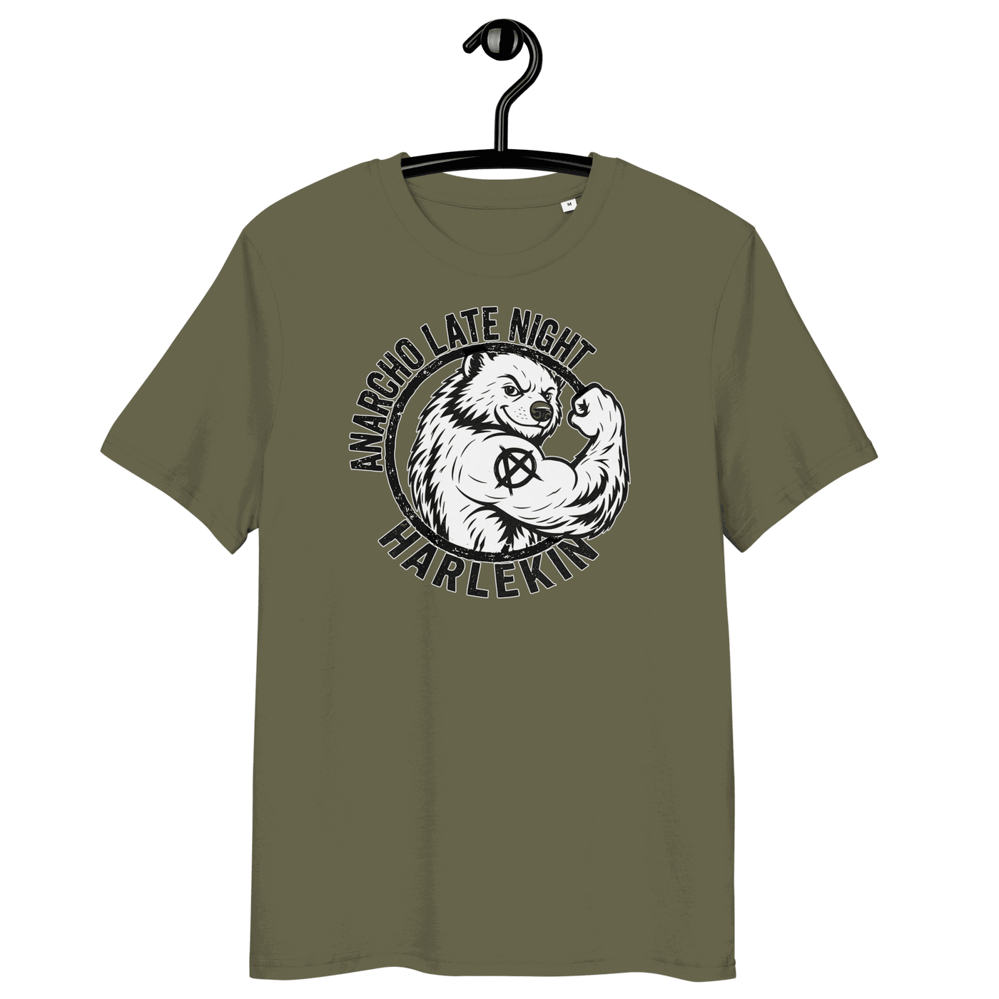 Anarcho Late Night organic cotton t-shirt with OEKO-TEX, PETA, GOTS, OCS, and GRS certification logos