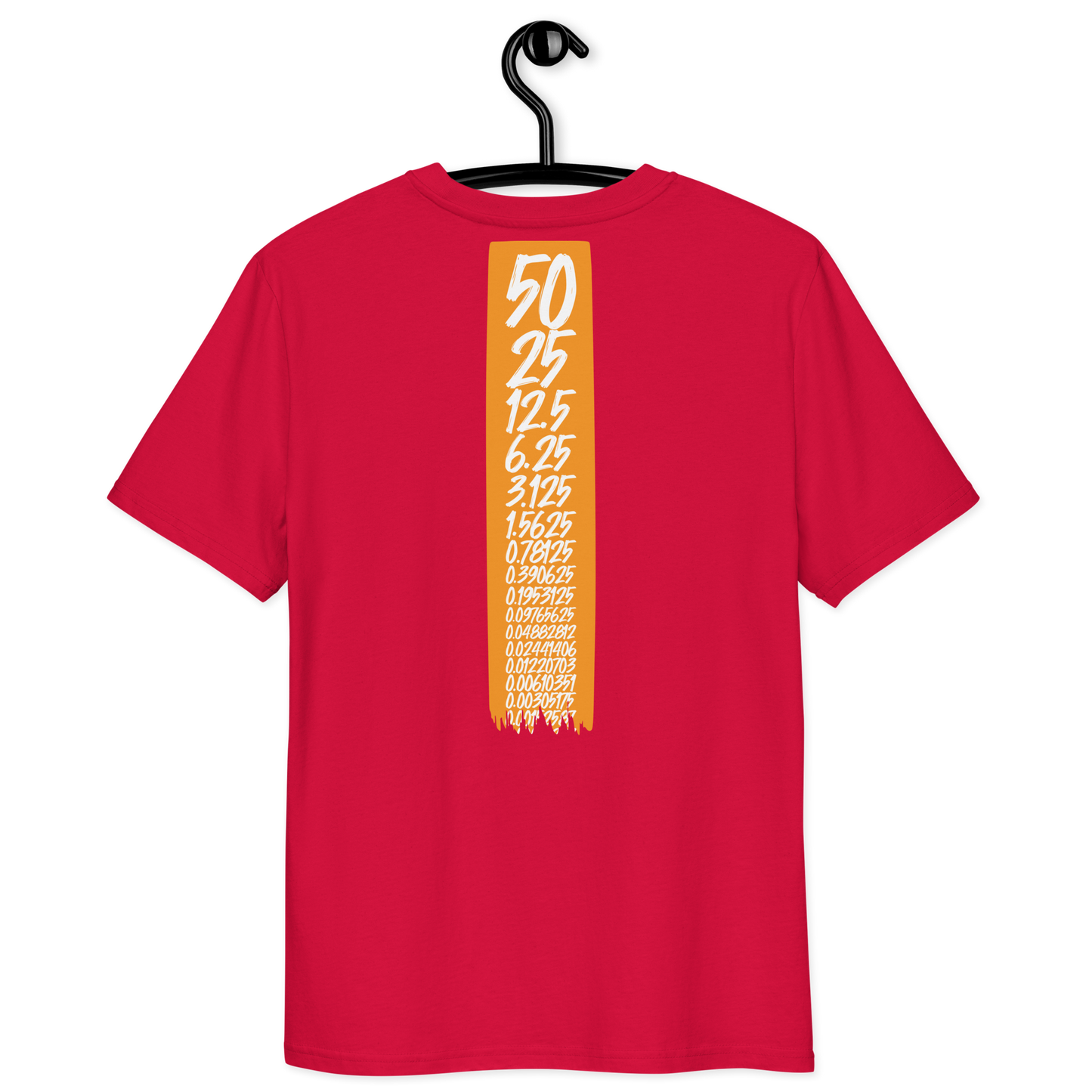 Back view of a red bitcoin t-shirt.