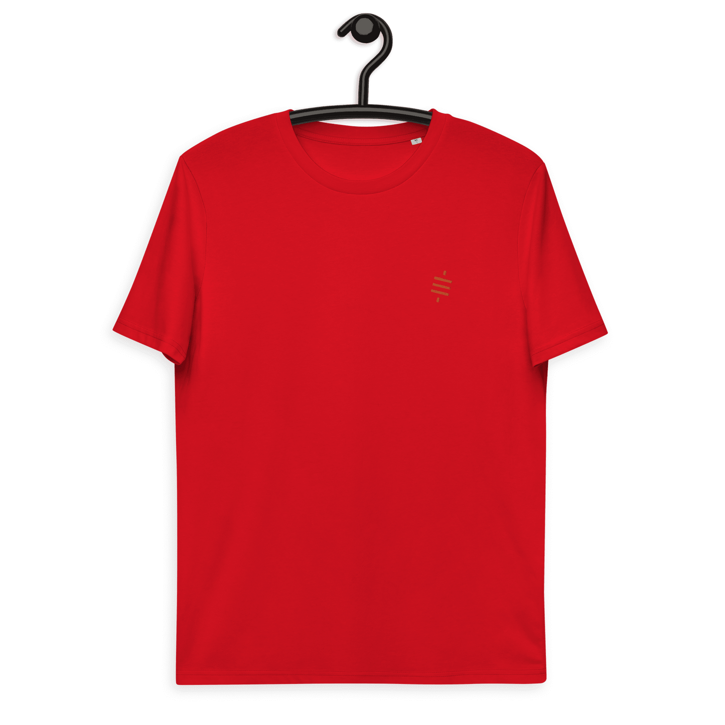 Front view of a red embroidered bitcoin t-shirt.