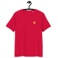 Front view of a red bitcoin t-shirt.