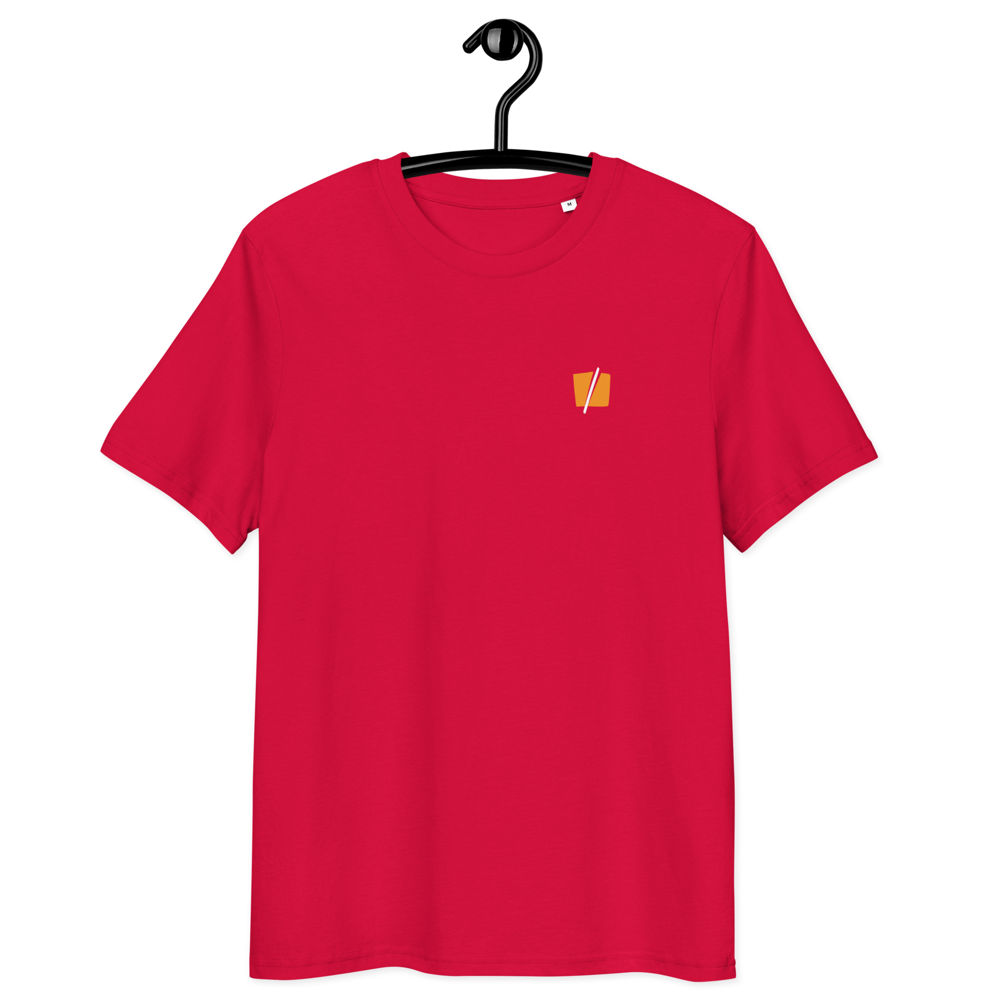 Front view of a red bitcoin t-shirt.