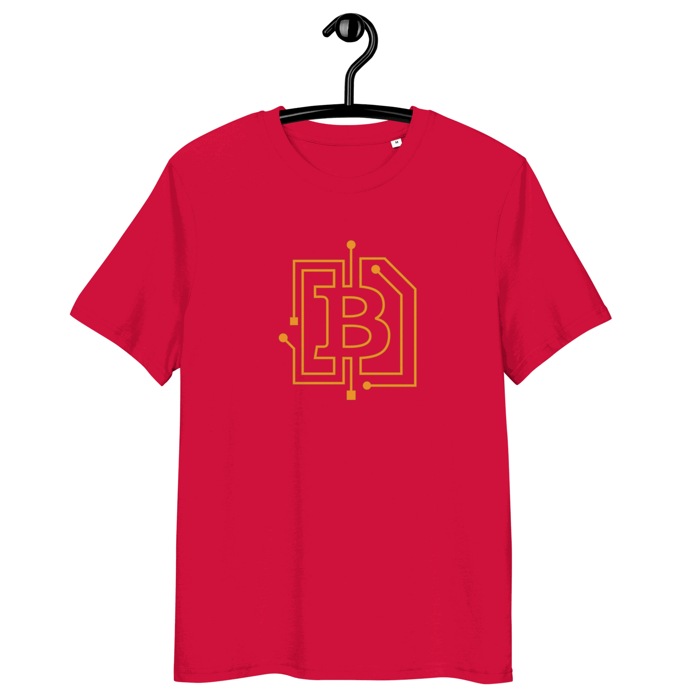 Certification logos for organic cotton bitcoin t-shirt with circuit board design