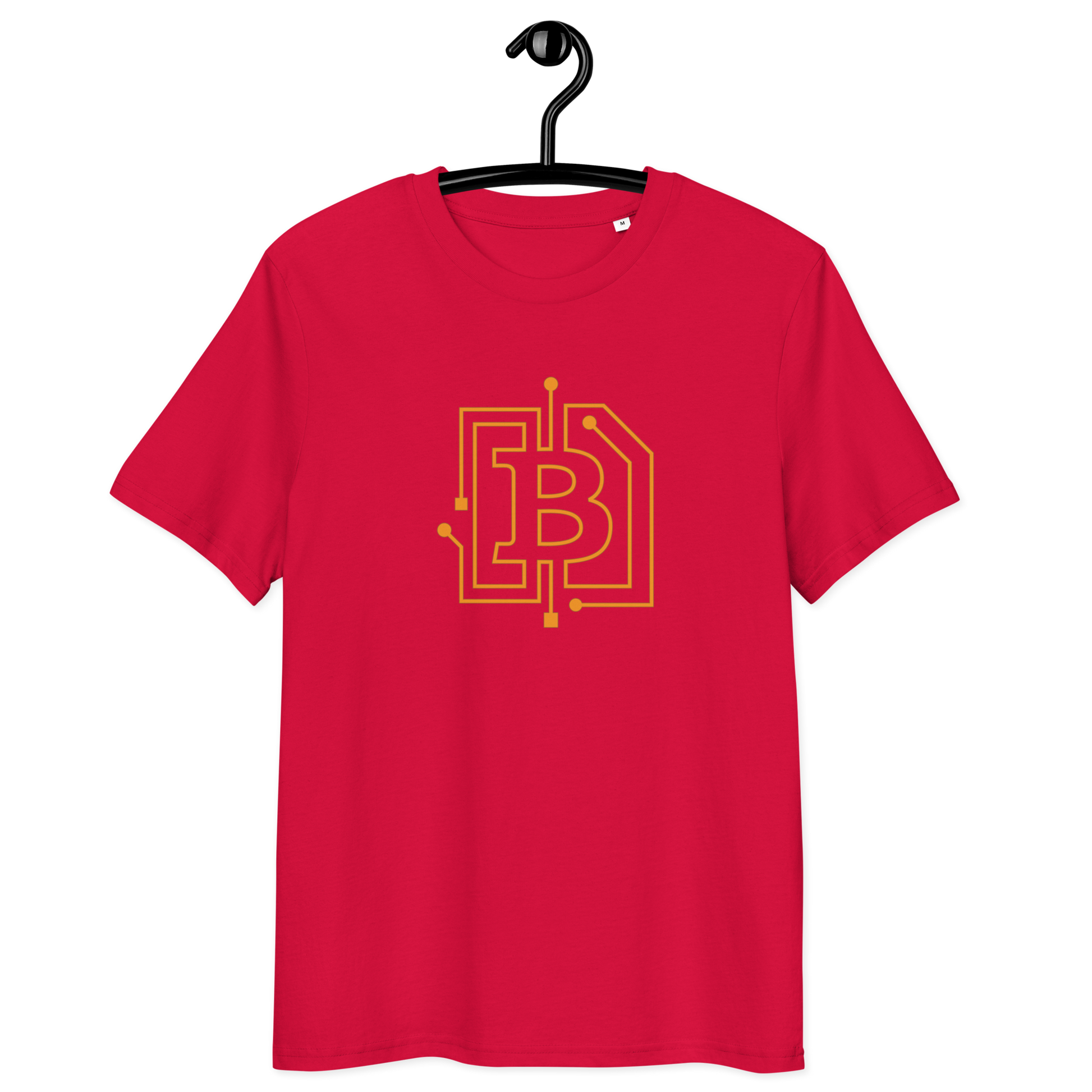 Front view of a red bitcoin t-shirt.