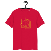 Certification logos for organic cotton bitcoin t-shirt with circuit board design