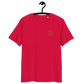 Front view of a embroidered red bitcoin t-shirt.