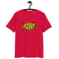 Front view of a red bitcoin t-shirt.