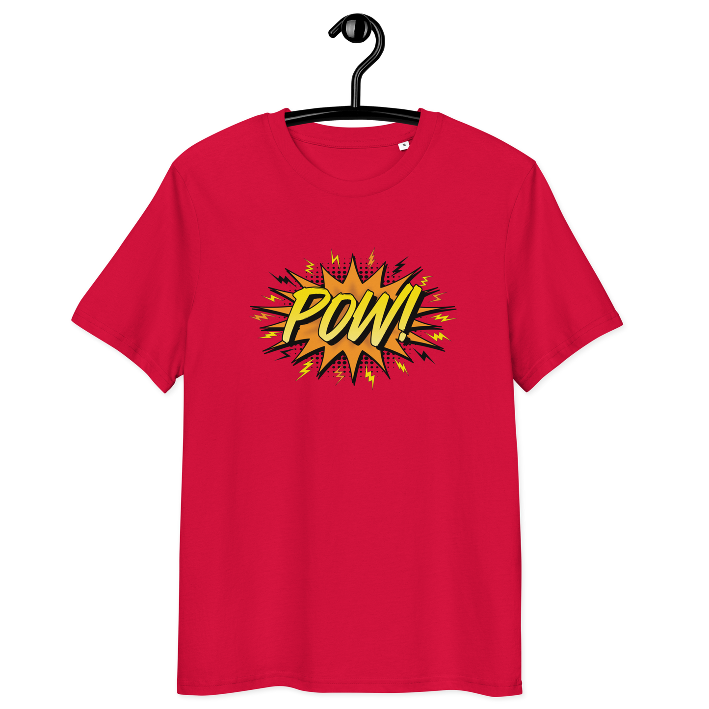 Front view of a red bitcoin t-shirt.