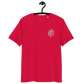 Front view of a red embroidered bitcoin t-shirt.