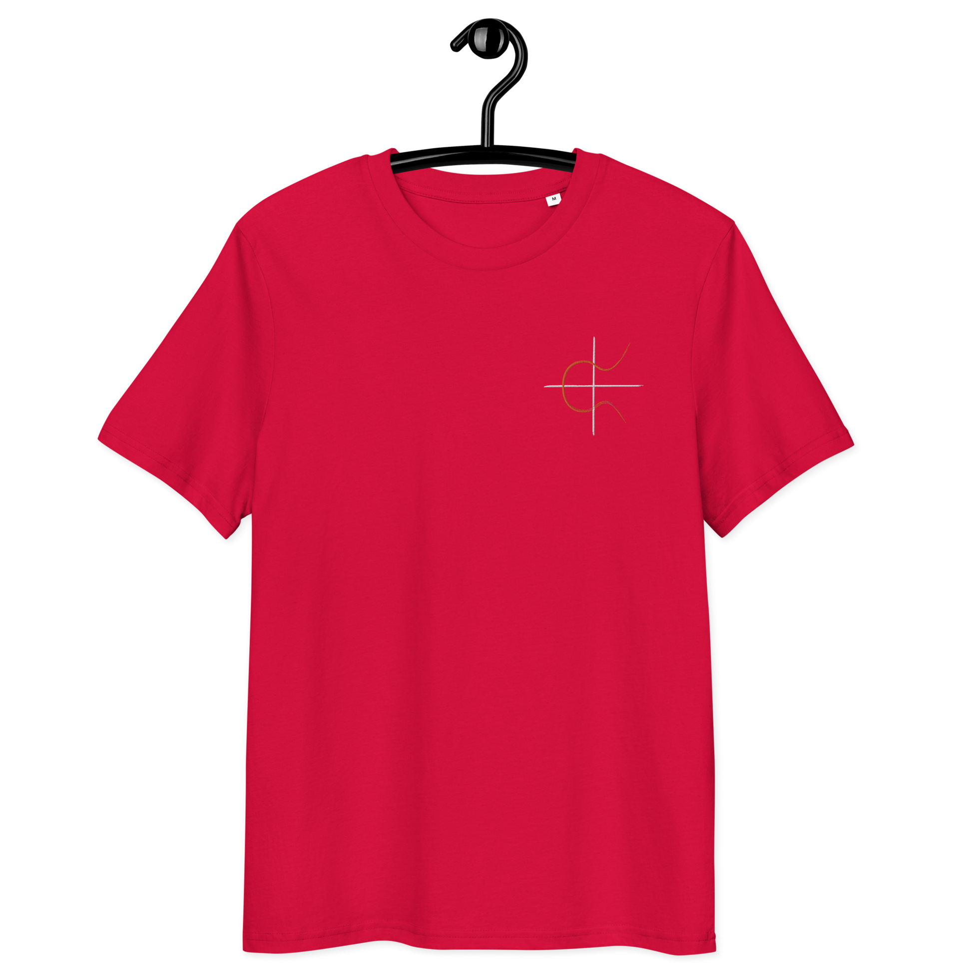 Front view of a red embroidered bitcoin t-shirt.