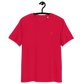 Front view of a red embroidered bitcoin t-shirt.