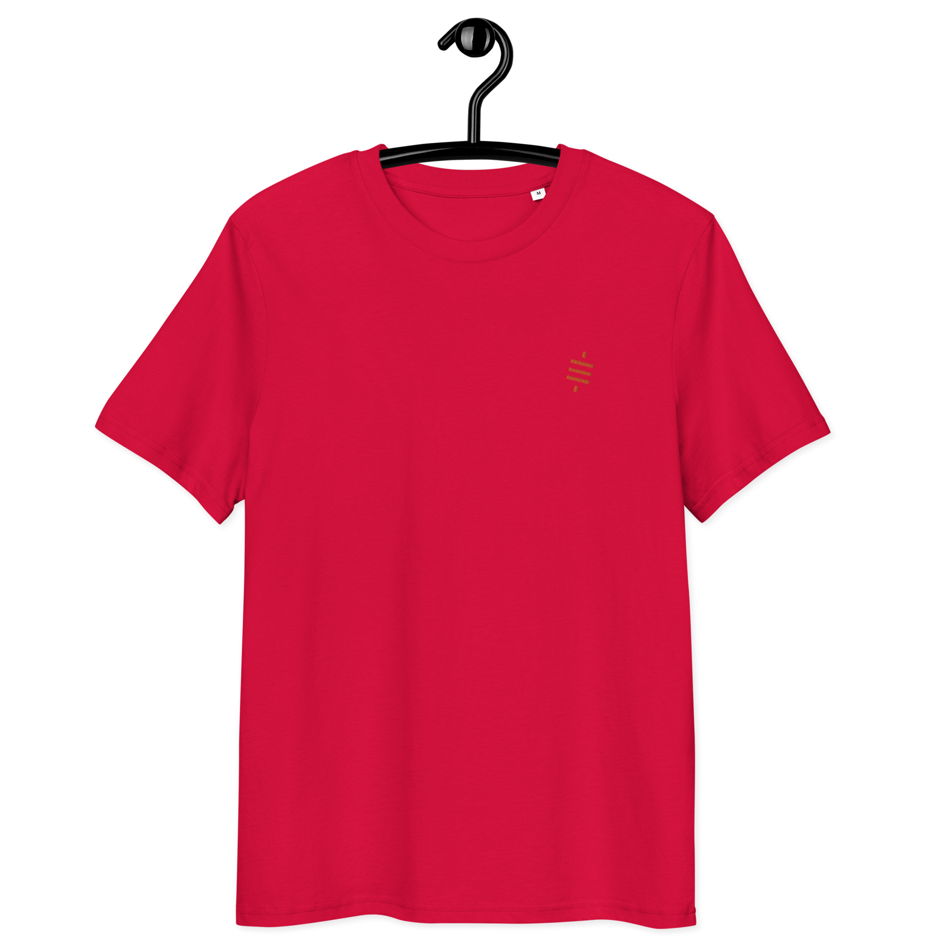 Front view of a red embroidered bitcoin t-shirt.