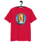 Front view of a red bitcoin t-shirt.