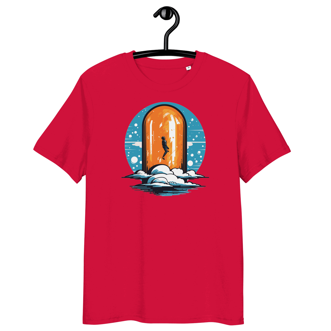 Certification logos for OEKO-TEX, PETA, GOTS, OCS, and GRS on Organic Cotton Orange Pill Bitcoin T-Shirt