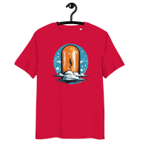 Certification logos for OEKO-TEX, PETA, GOTS, OCS, and GRS on Organic Cotton Orange Pill Bitcoin T-Shirt