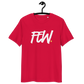 Front view of a red bitcoin t-shirt.