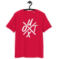 Front view of a red bitcoin t-shirt.