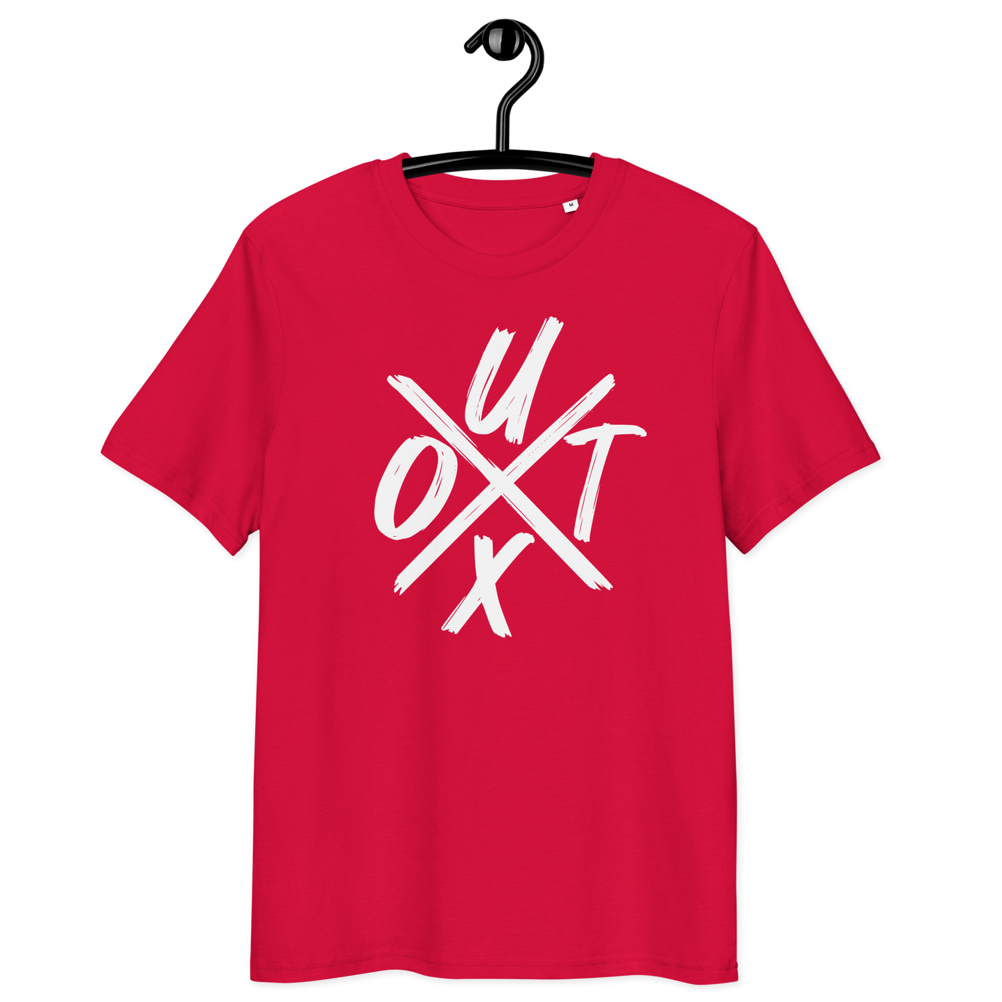 Front view of a red bitcoin t-shirt.