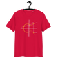 Front view of a red bitcoin t-shirt.