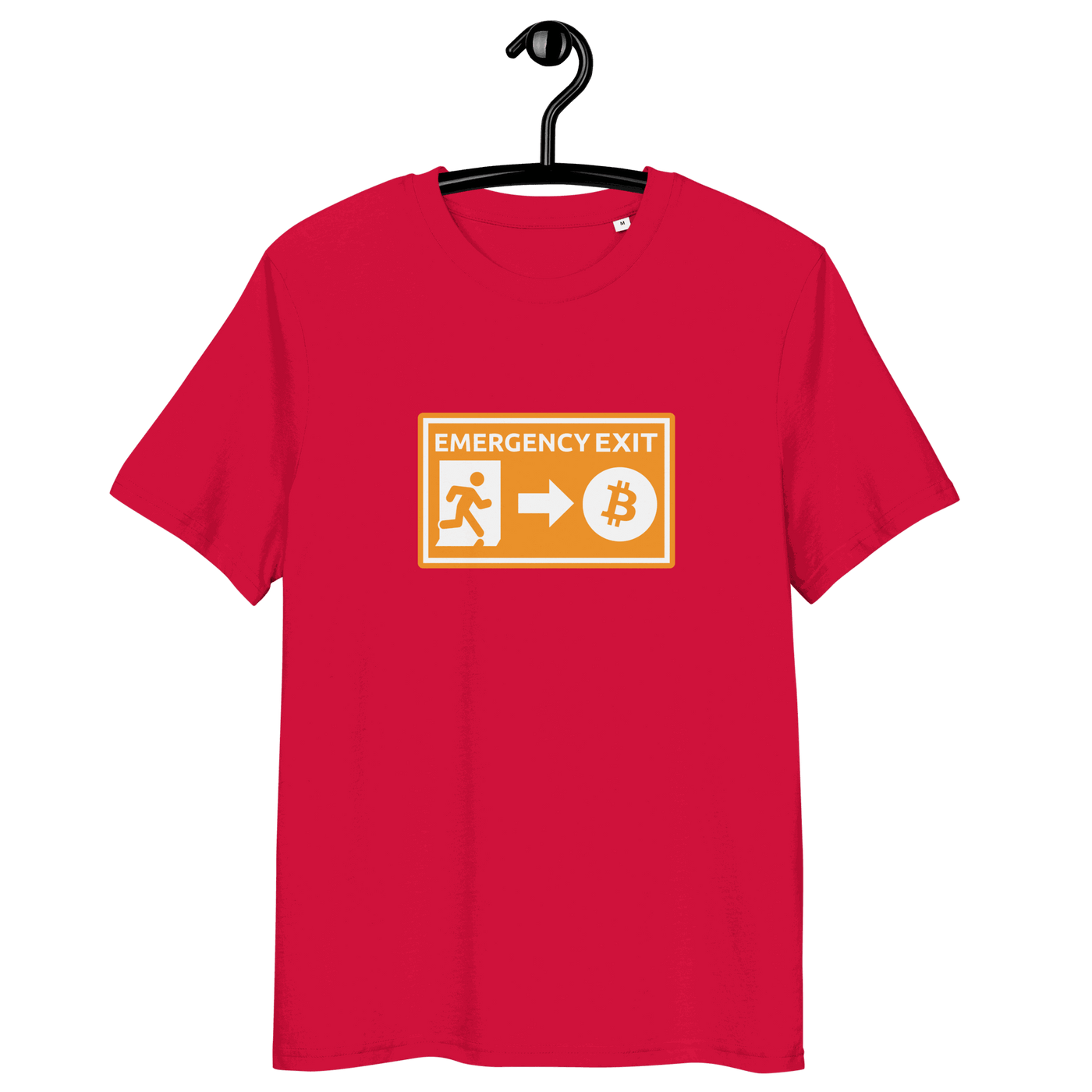Organic cotton Bitcoin t-shirt with Emergency Exit design and eco-friendly certifications