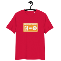 Organic cotton Bitcoin t-shirt with Emergency Exit design and eco-friendly certifications