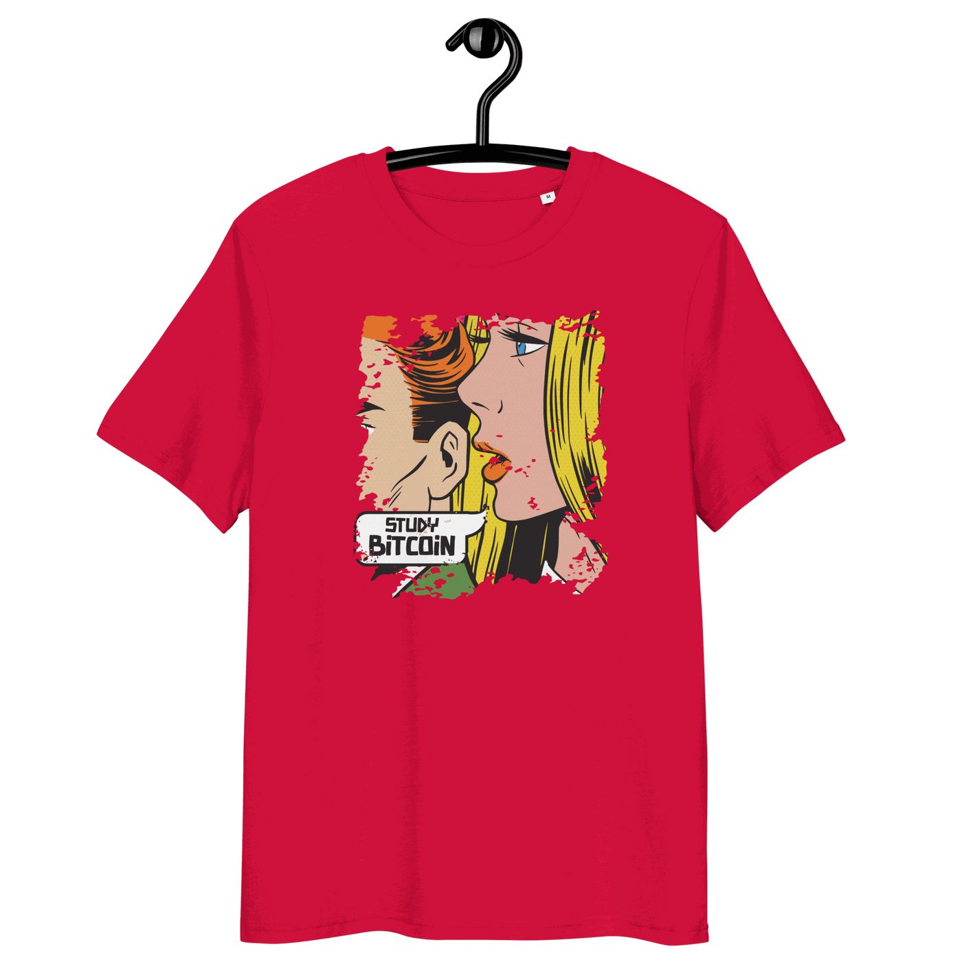 Certification logos for organic cotton and ethical standards on Comic Study Bitcoin T-Shirt promoting Study Bitcoin education