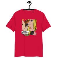 Certification logos for organic cotton and ethical standards on Comic Study Bitcoin T-Shirt promoting Study Bitcoin education