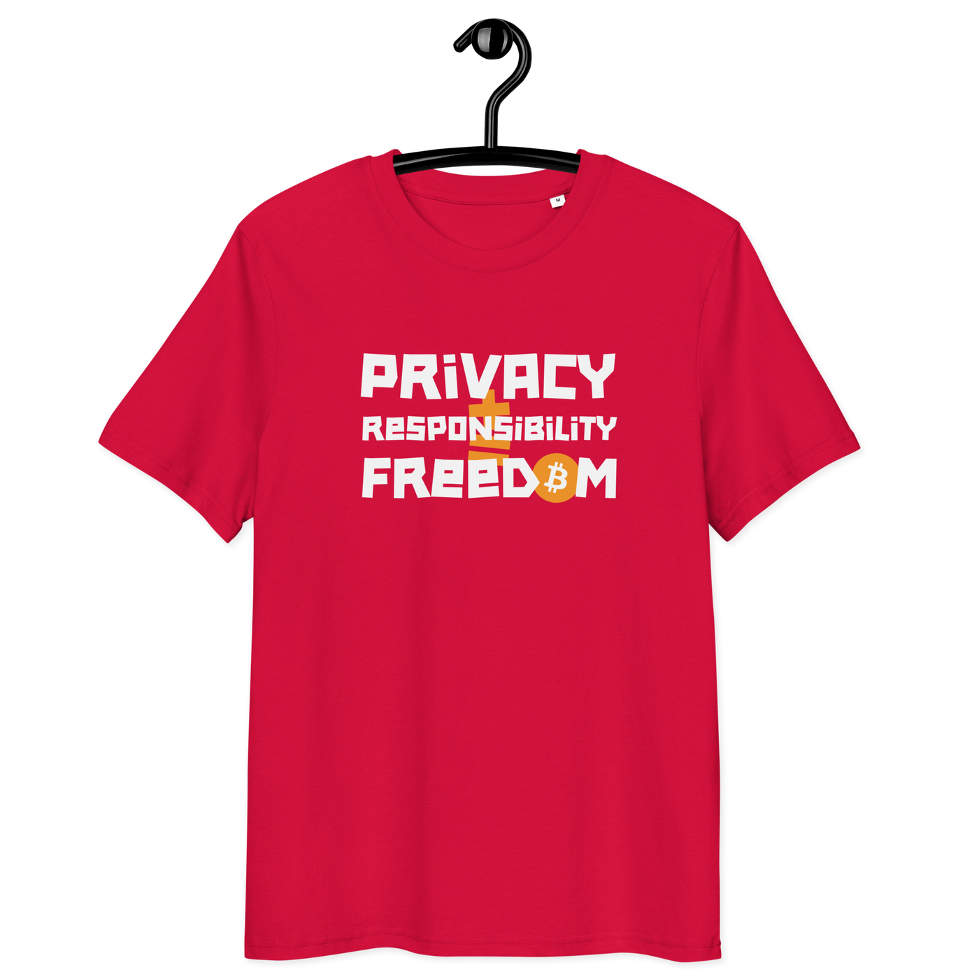 Organic cotton Bitcoin T-shirt with privacy and responsibility message featuring eco-friendly certification logos