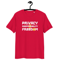 Organic cotton Bitcoin T-shirt with privacy and responsibility message featuring eco-friendly certification logos