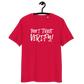 Front view of a red bitcoin t-shirt.